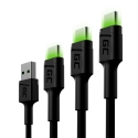 Set 3 Cavi USB-C Tipo C 30cm, 120cm, 200cm, LED Green Cell Ray, con ricarica rapida, Ultra Charge, Quick Charge 3.0