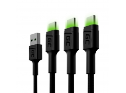 Set 3 Cavi USB-C Tipo C 120cm, LED Green Cell Ray, con ricarica rapida, Ultra Charge, Quick Charge 3.0
